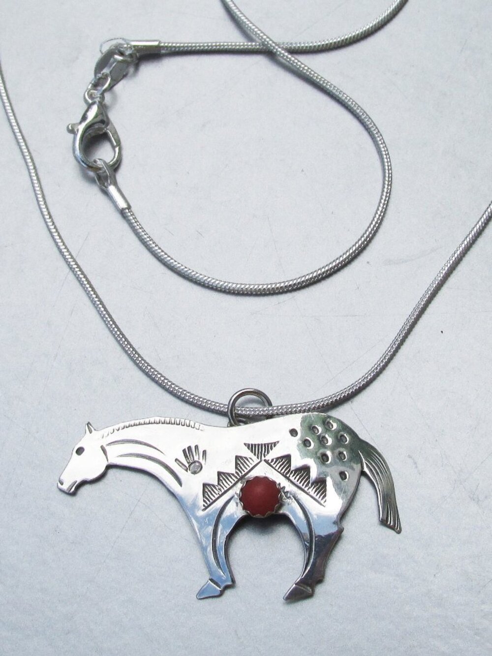 Vintage Native American Sterling Silver & Coral Horse Pendant Unisex Necklace